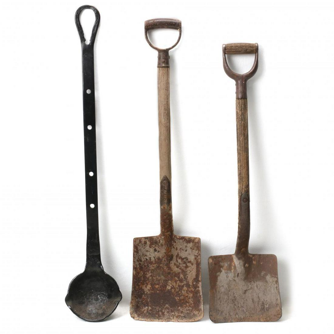 SHOVELS AND LARGE IRON LADLE FOR D.&R.G.W AND MoPAC RR: Ladle and smaller shovel marked D.&R.G.W.; Large shovel stamped MoPAC RR and marked 'ABWCO CARHT 6 45.' Sizes range from 34.5 to 39 inches. We happily provide seamless in-house packing and shipping se