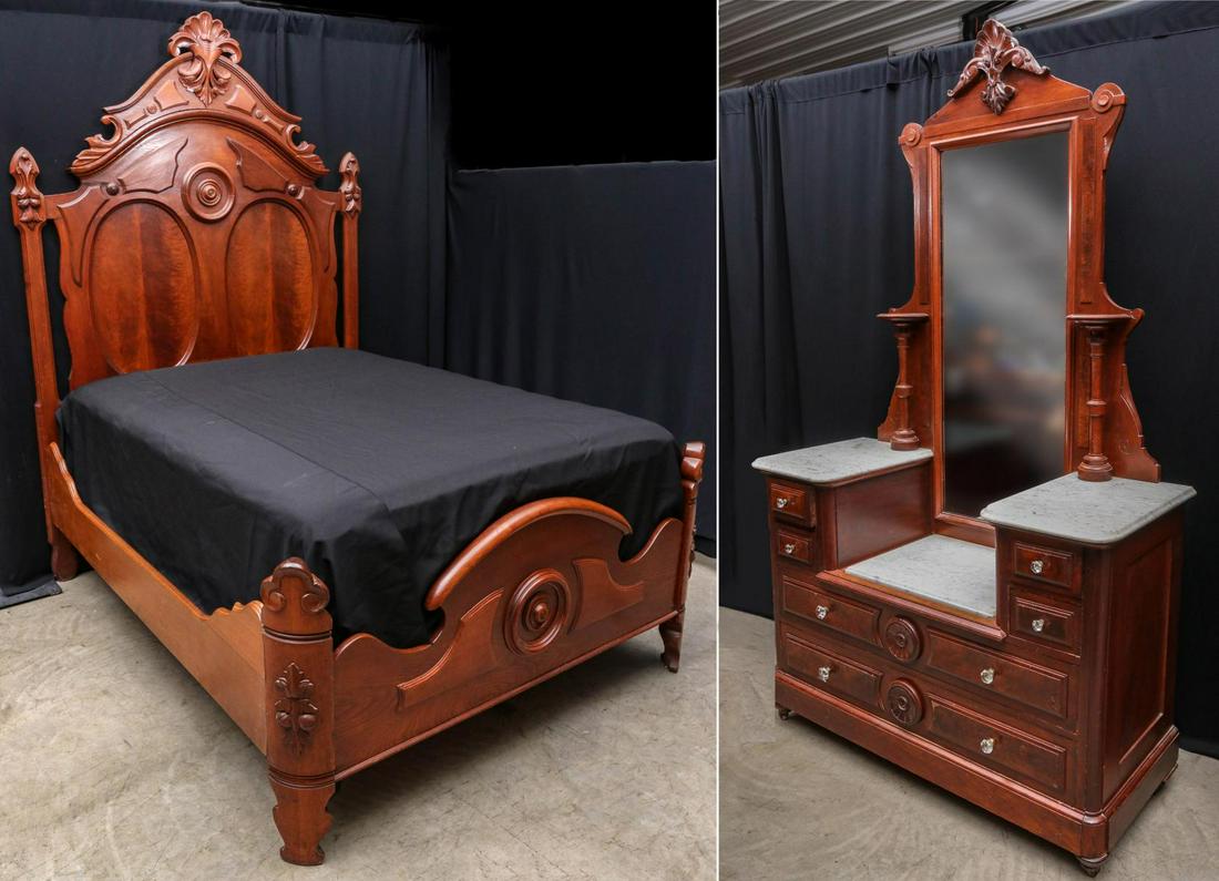 A STATELY 19TH C. AMERICAN FANCY WALNUT BED & DRESSER (1 of 10)