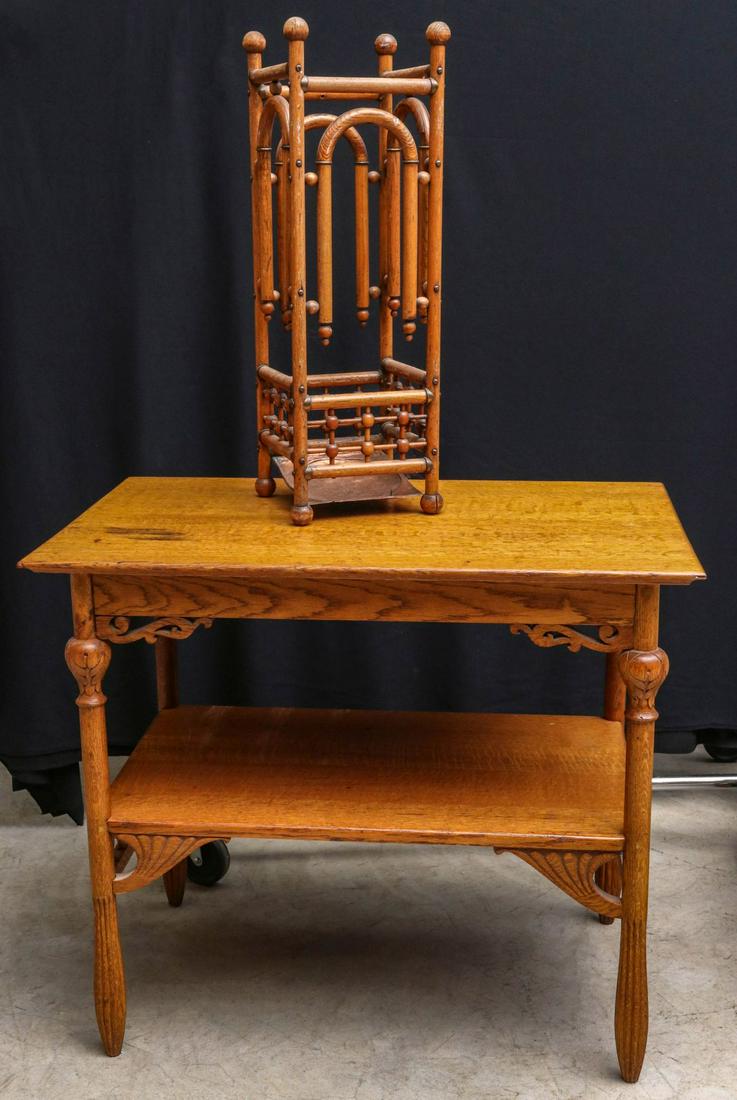 CIRCA 1890 OAK LAMP TABLE AND STICK-N-BALL CANE STAND (1 of 6)