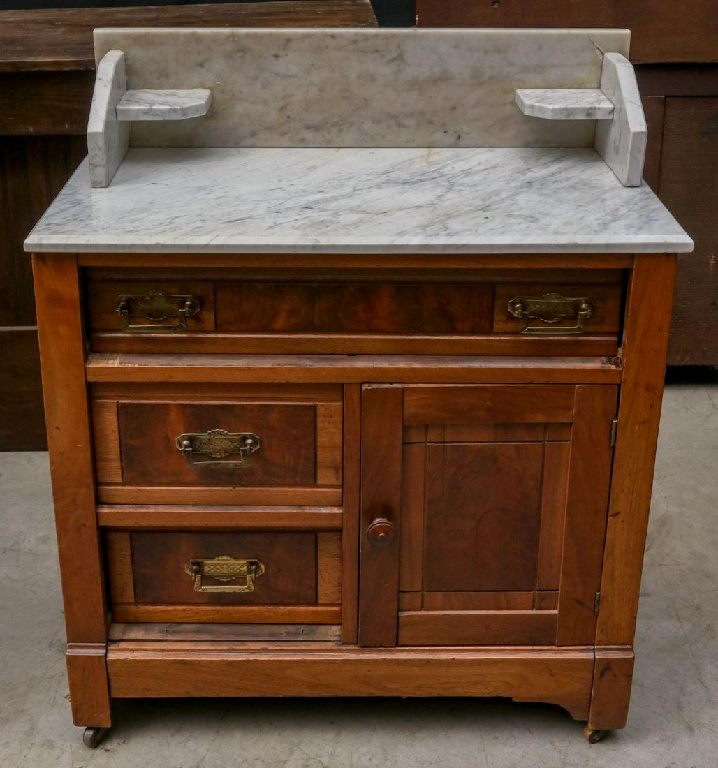 A 19TH CENTURY AMERICAN WALNUT WASH STAND WITH MARBLE (1 of 6)