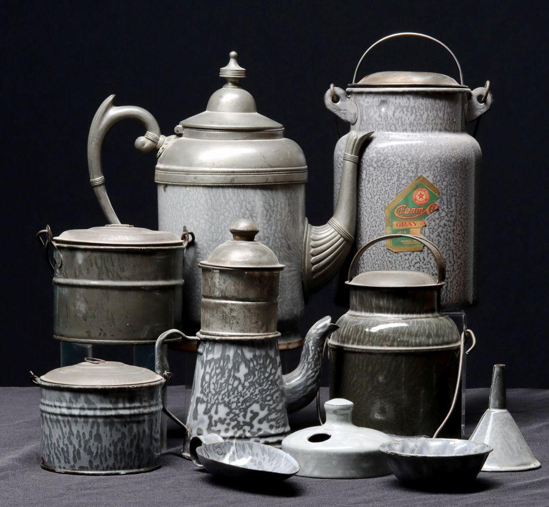 A COLLECTION OF GRAY GRANITEWARE, SOME WITH PEWTER (1 of 4)