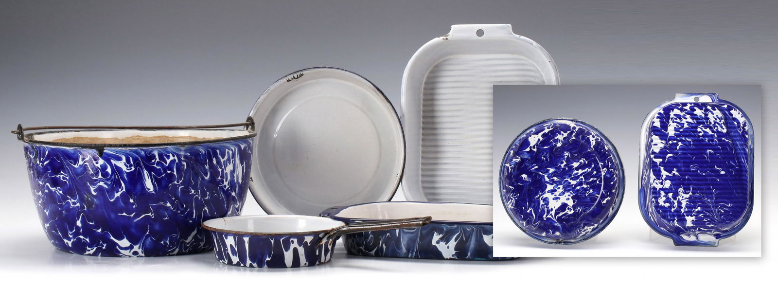 A COLLECTION OF BLUE SWIRL GRANITEWARE (1 of 17)
