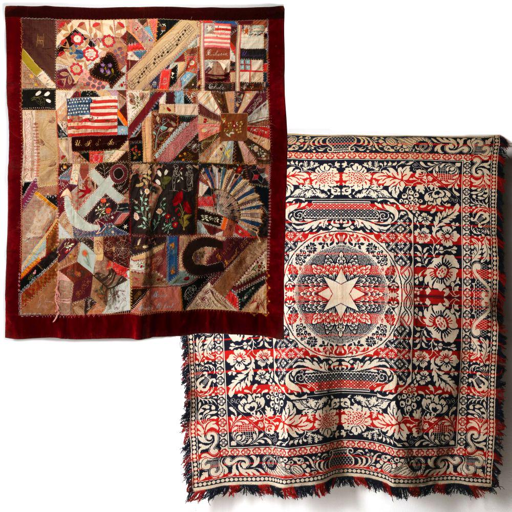 SIGNED 1888 CRAZY QUILT AND RED, WHITE & BLUE COVERLET (1 of 20)