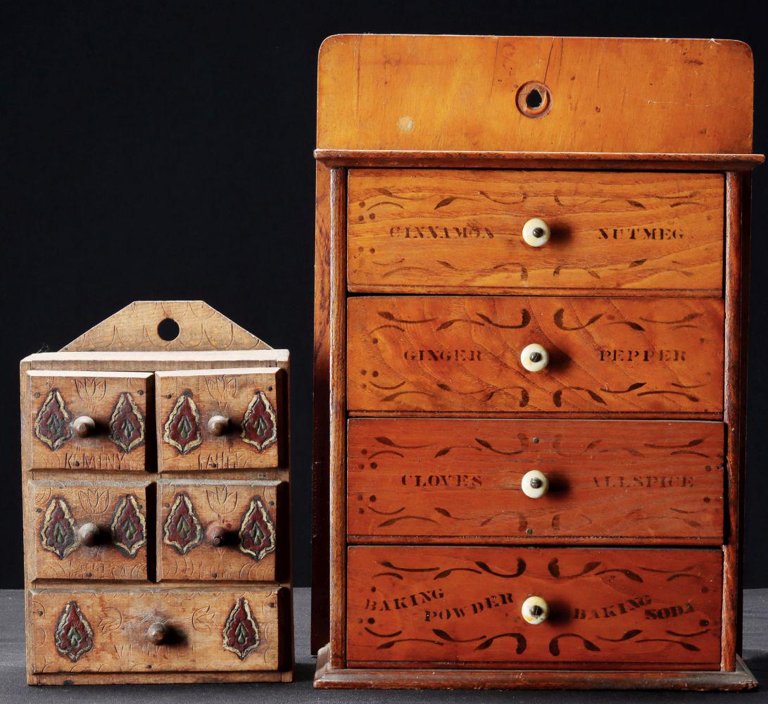 TWO UNUSUAL ANTIQUE MULTI-DRAWER SPICE CABINETS (1 of 1)