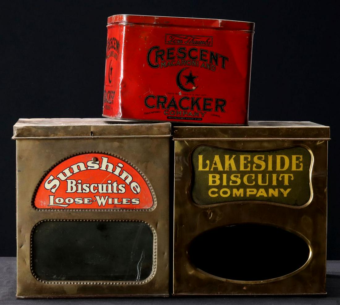 A GROUP OF BISCUIT AND CRACKER DISPLAY TINS (1 of 2)