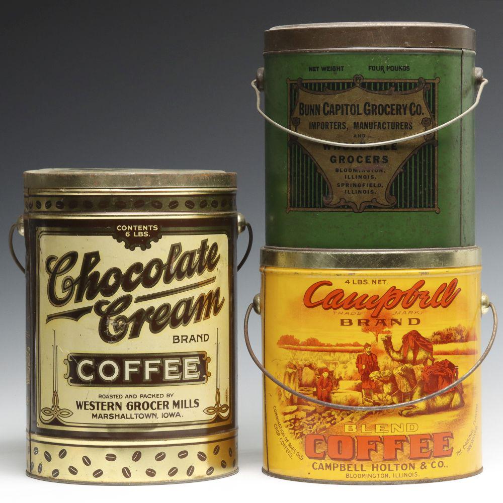 THREE GOOD ANTIQUE FOUR AND SIX POUND COFFEE PAILS (1 of 12)