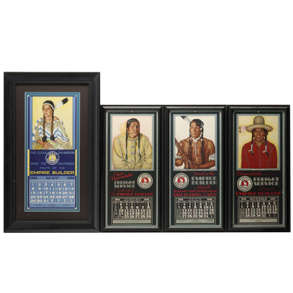 1930s GREAT NORTHERN CALENDAR PAGES AFTER WINOLD REISS: Four examples based on images of Winold Reiss paintings of Native Americans. Overall sizes measures from 23.75 x 12 to 29.75 x 17.75 inches. We happily provide seamless in-house packing and shipping s