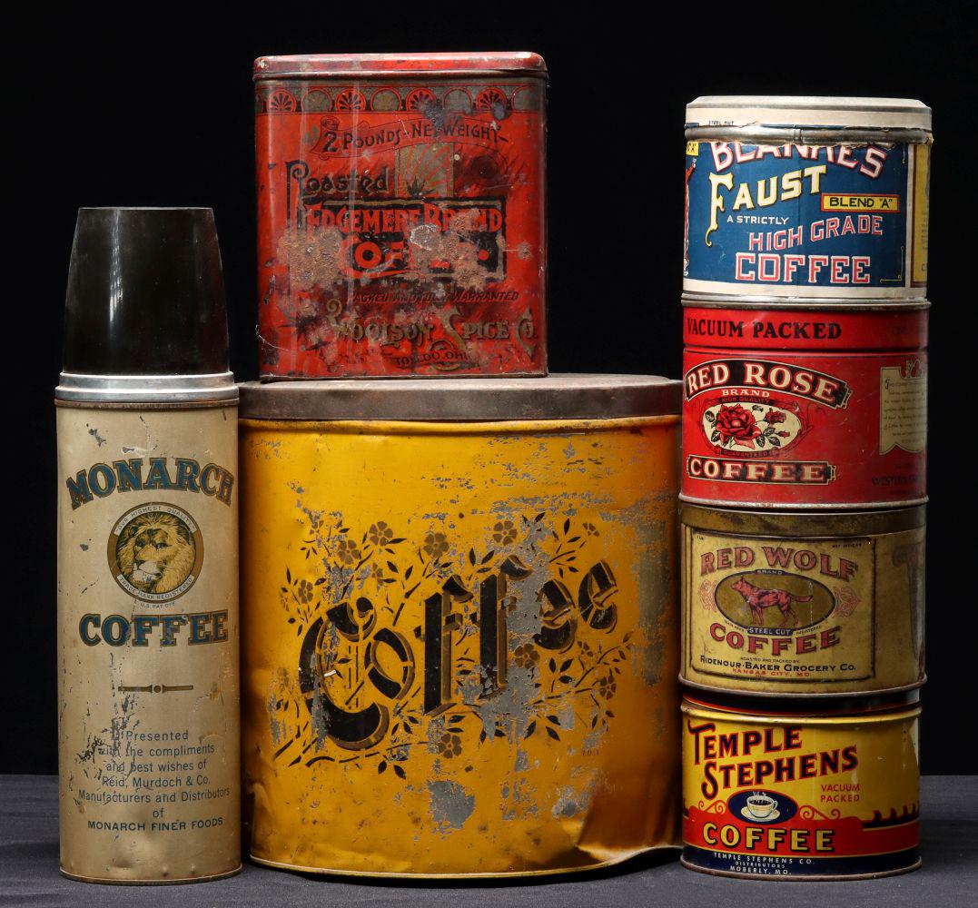 A COLLECTION OF ANTIQUE TIN LITHO COFFEE TINS (1 of 3)
