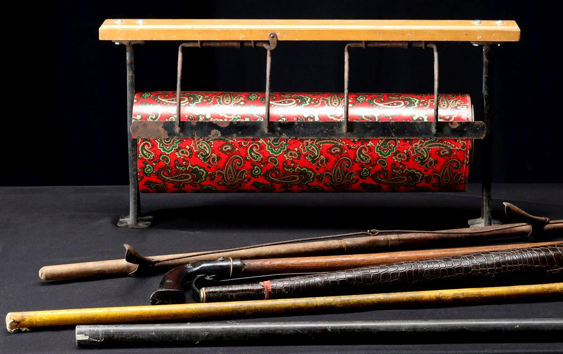 RAILROAD MAIL STICK, CANES, PAPER ROLLER, ETC.: The entire lot as shown. Sizes range from 23 to 57 inches. We happily provide seamless in-house packing and shipping services on nearly everything we sell.