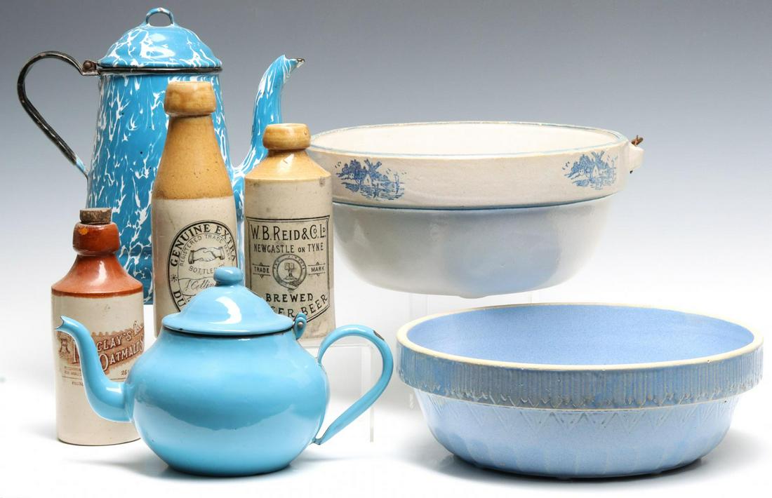 STONEWARE BOWLS AND BOTTLES WITH BLUE GRANITE WARE (1 of 7)