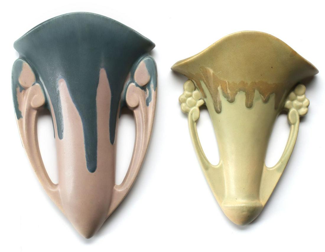 TWO ROSEVILLE CARNELIAN ART POTTERY WALL POCKETS (1 of 9)