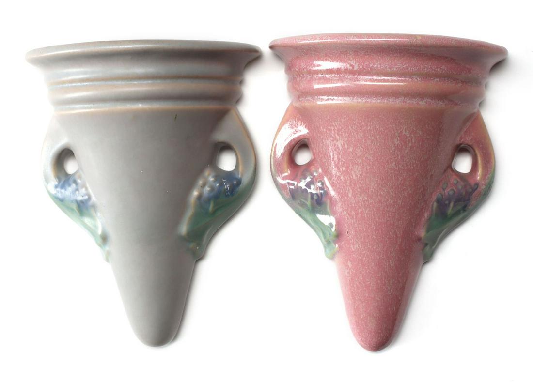 TWO ROSEVILLE TUSCANY PATTERN ART POTTERY WALL POCKETS (1 of 7)