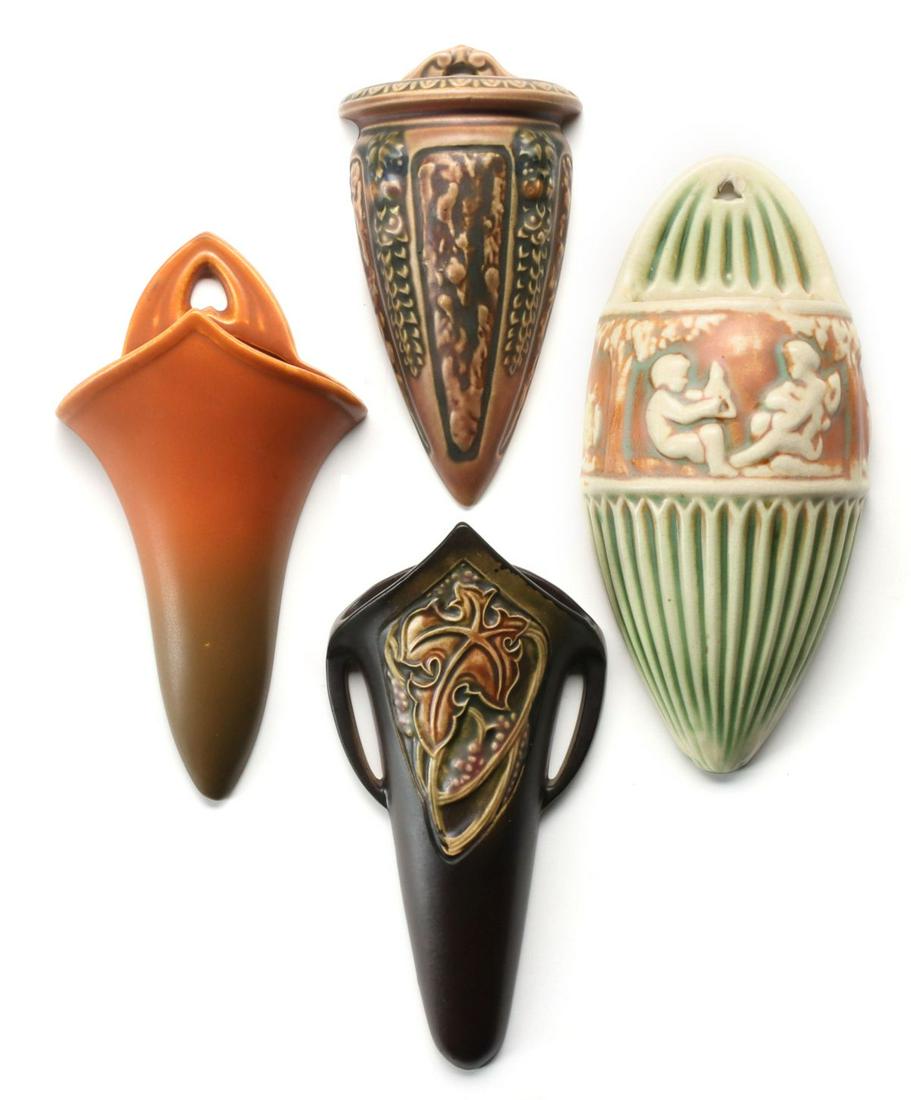 FOUR 1920s ERA ROSEVILLE ART POTTERY WALL POCKETS (1 of 17)