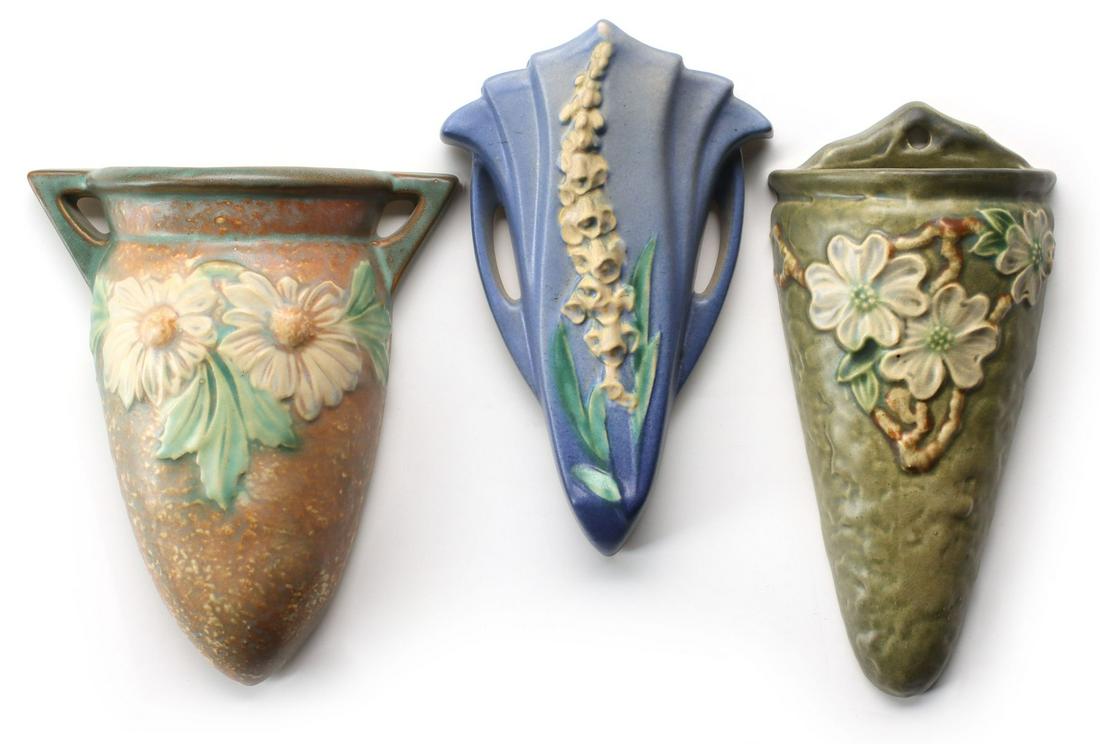 THREE ROSEVILLE ART POTTERY FLORAL PATTERN WALL POCKETS (1 of 11)