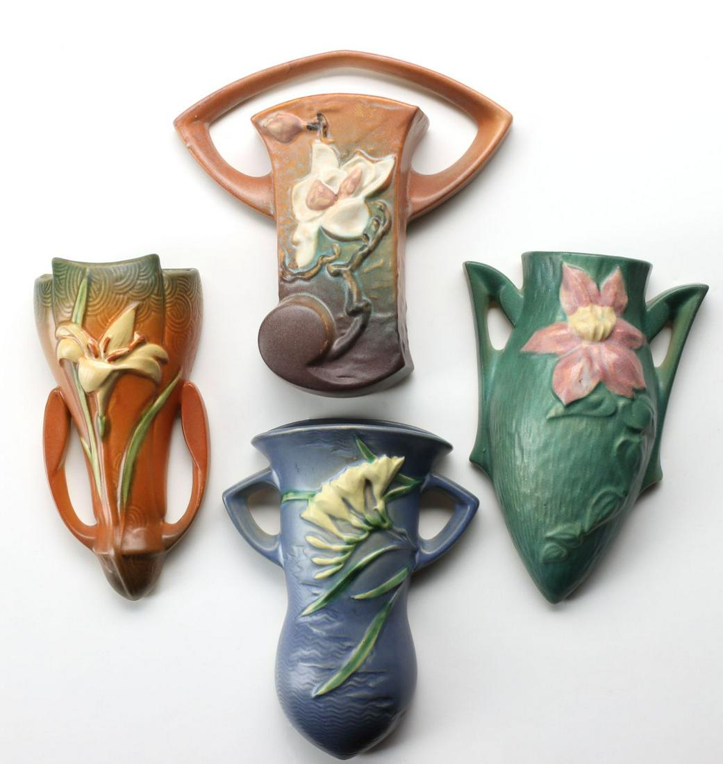 FOUR ROSEVILLE ART POTTERY FLORAL PATTERN WALL POCKETS (1 of 17)