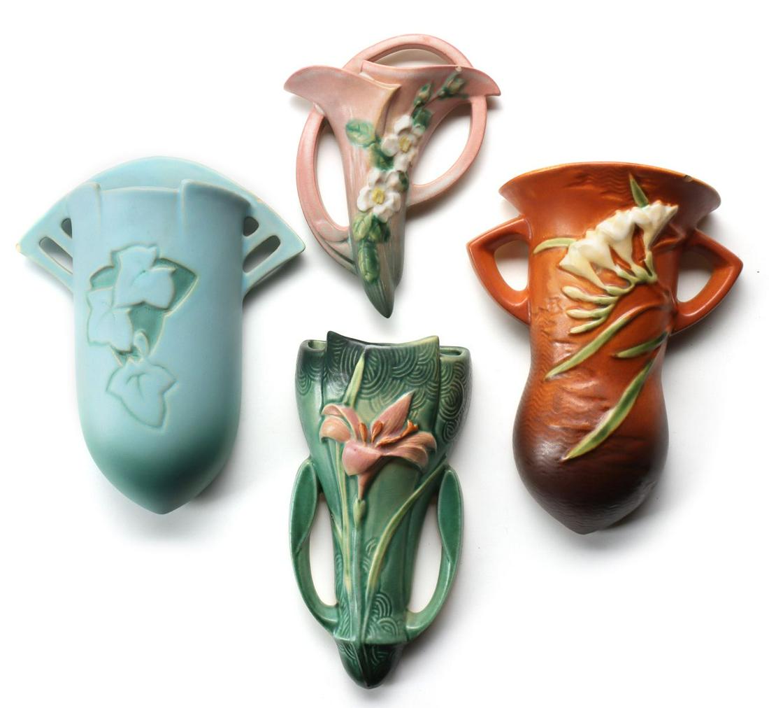 FOUR ROSEVILLE ART POTTERY FLORAL PATTERN WALL POCKETS (1 of 16)