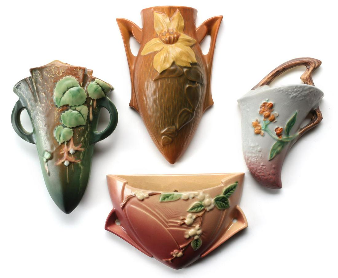 FOUR ROSEVILLE ART POTTERY FLORAL PATTERN WALL POCKETS (1 of 15)