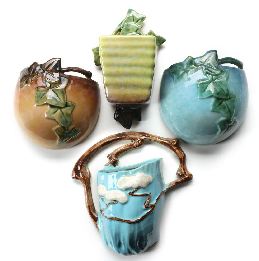 FOUR ROSEVILLE ART POTTERY FLORAL PATTERN WALL POCKETS (1 of 17)