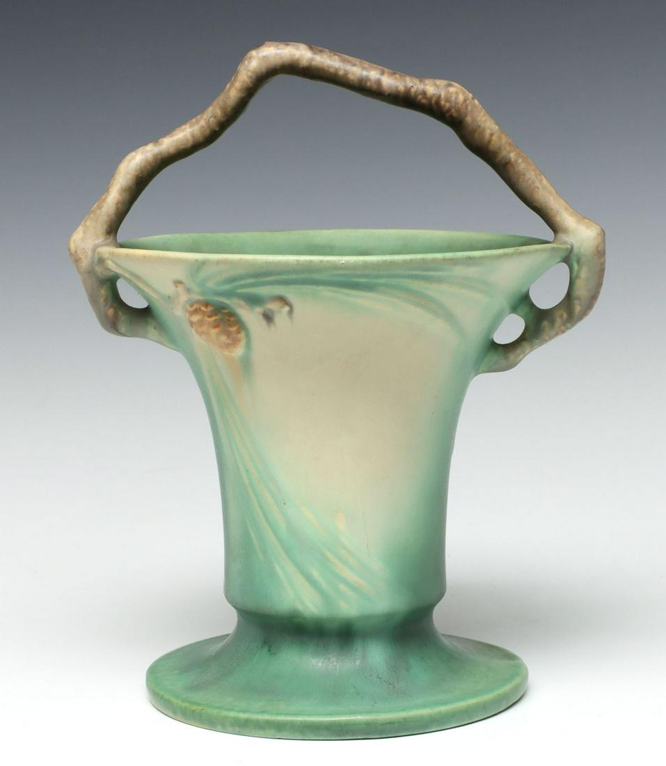 A ROSEVILLE PINE CONE PATTERN ART POTTERY BASKET (1 of 11)