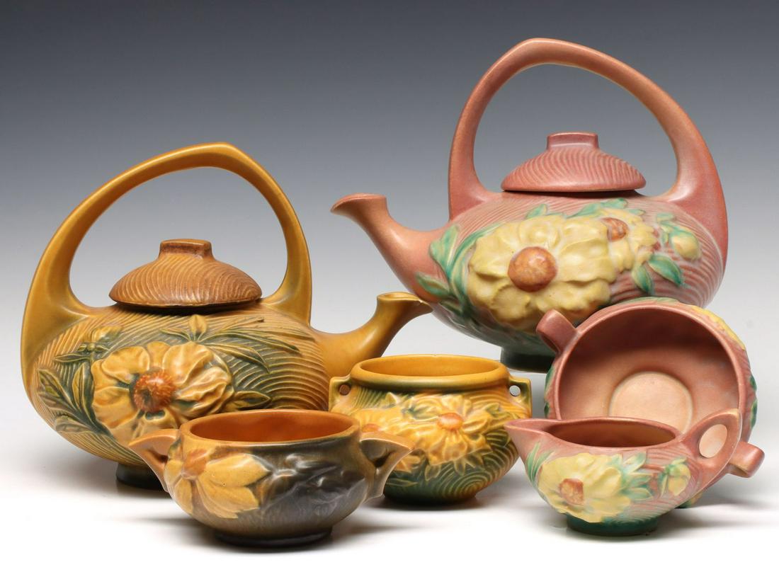 TWO ROSEVILLE PEONY PATTERN ART POTTERY TEA SETS (1 of 11)