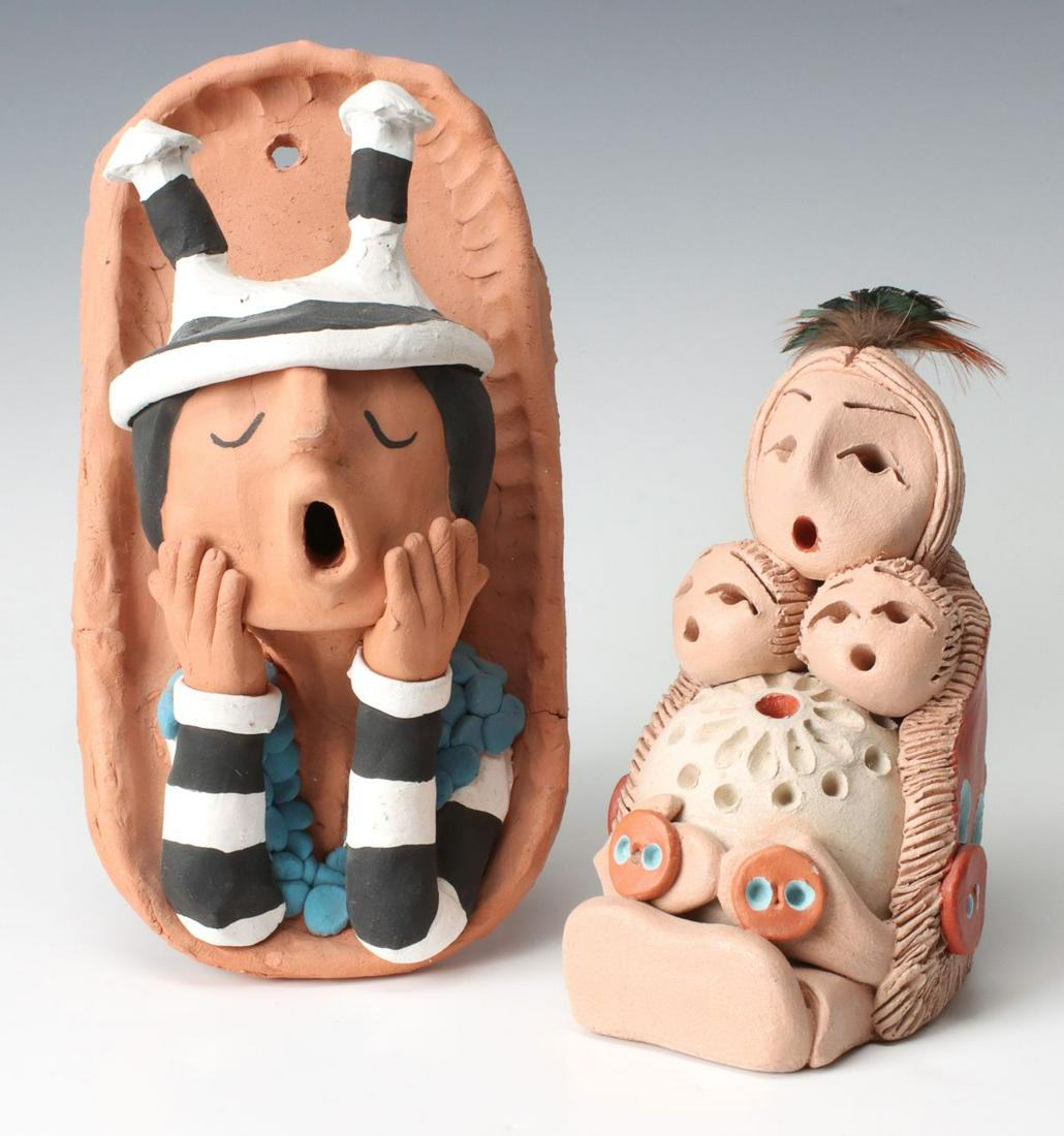 TAOS PUEBLO POTTERY STORYTELLER AND KOSHARE PLAQUE: A Taos Clown signed Juan Sandoval and a Taos Cheyenne Storyteller signed Jim Turyenne. Measures7 x 4.25 x 3.75 and 9.75 x 5 inches. We happily provide seamless in-house packing and shipping services o