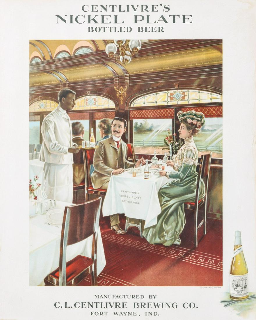 A PRE-PROHIBITION NICKEL PLATE BEER ADVERTISING POSTER: The interior view of an opulent early 20th century rail car with stained glass windows and an Edwardian era couple enjoying a bottle of Nickel Plate beer, C.L. Centlivre's Brewing Co. Fort Wayne, Inc.