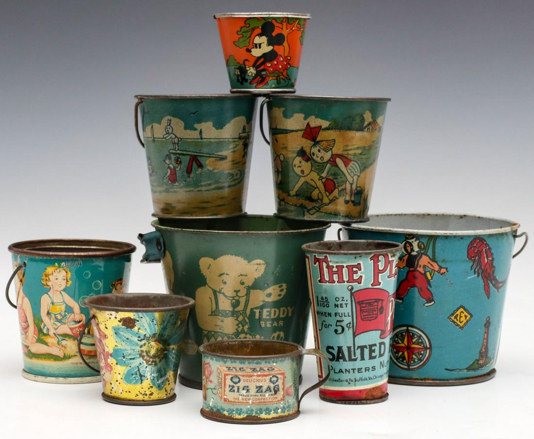 A COLLECTION OF CHILDREN'S TIN LITHO PAILS AND CUPS: Circa early 20th century, advertising items include Planter's Peanuts and Zig Zag candy popcorn, Disney cup with Mickey and Minnie Mouse and Pluto. Sizes range from 1 x 1.75 to 3 x 3.25 inches. We hap