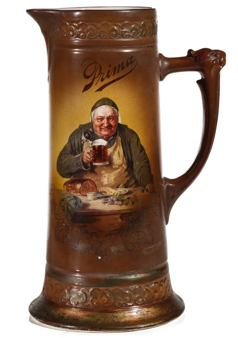 A TANKARD ADVERTISING INDEPENDENT BREWING ASSN CHICAGO: The pottery tankard with lion handle in brown glaze with decal of a drinking monk and lettering for Prima, the beer brewed by the Independent Brewing Association, decorated by and marked Thuemler MFG