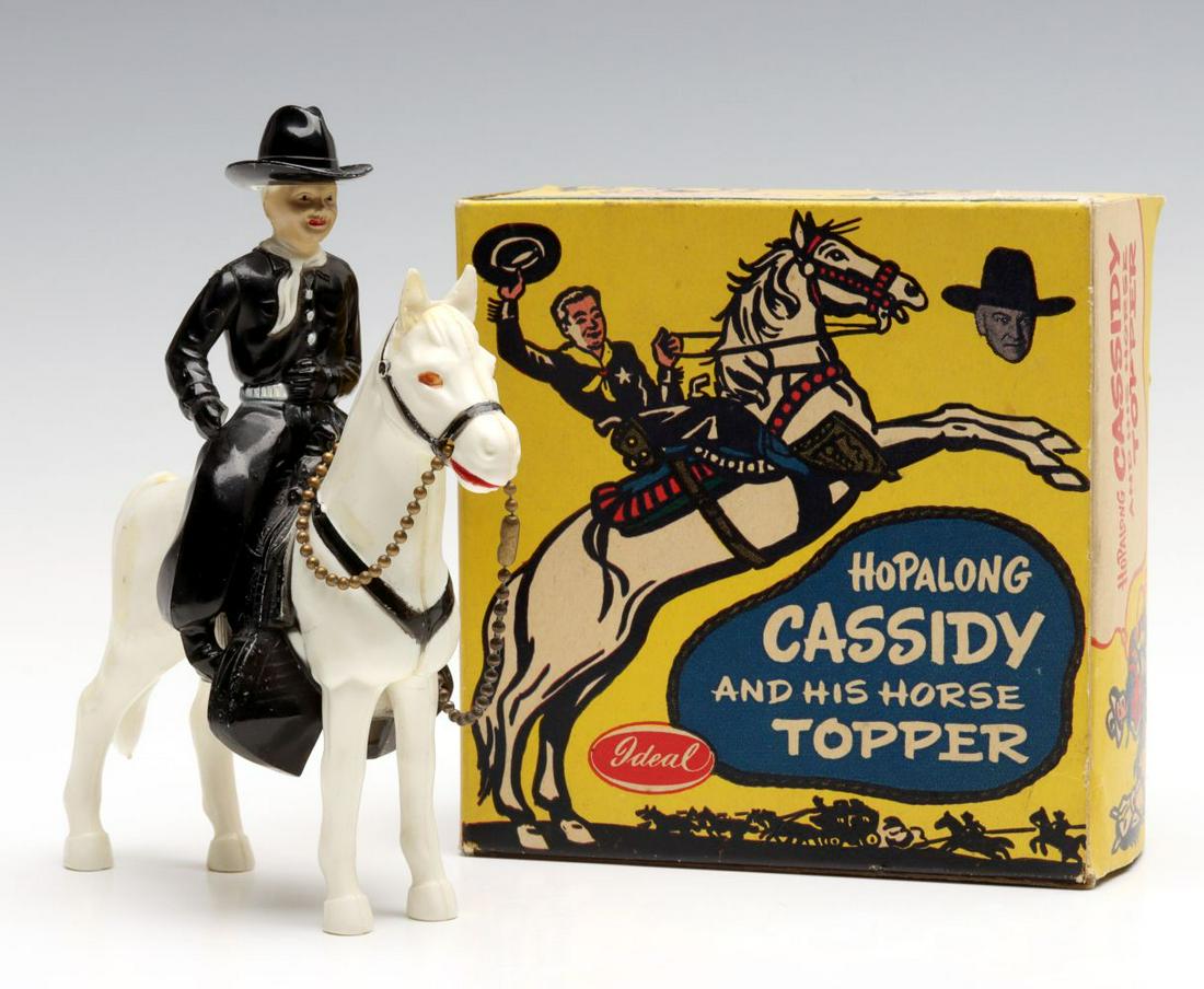 A HOPALONG CASSIDY AND TOPPER FIGURINE IN ORIGINAL BOX: The figure by Ideal Toys, intact with hat and in its original colorful box. Measures 8.45 x 4.75 x 2.25 inches. We happily provide seamless in-house packing and shipping services on nearly everything