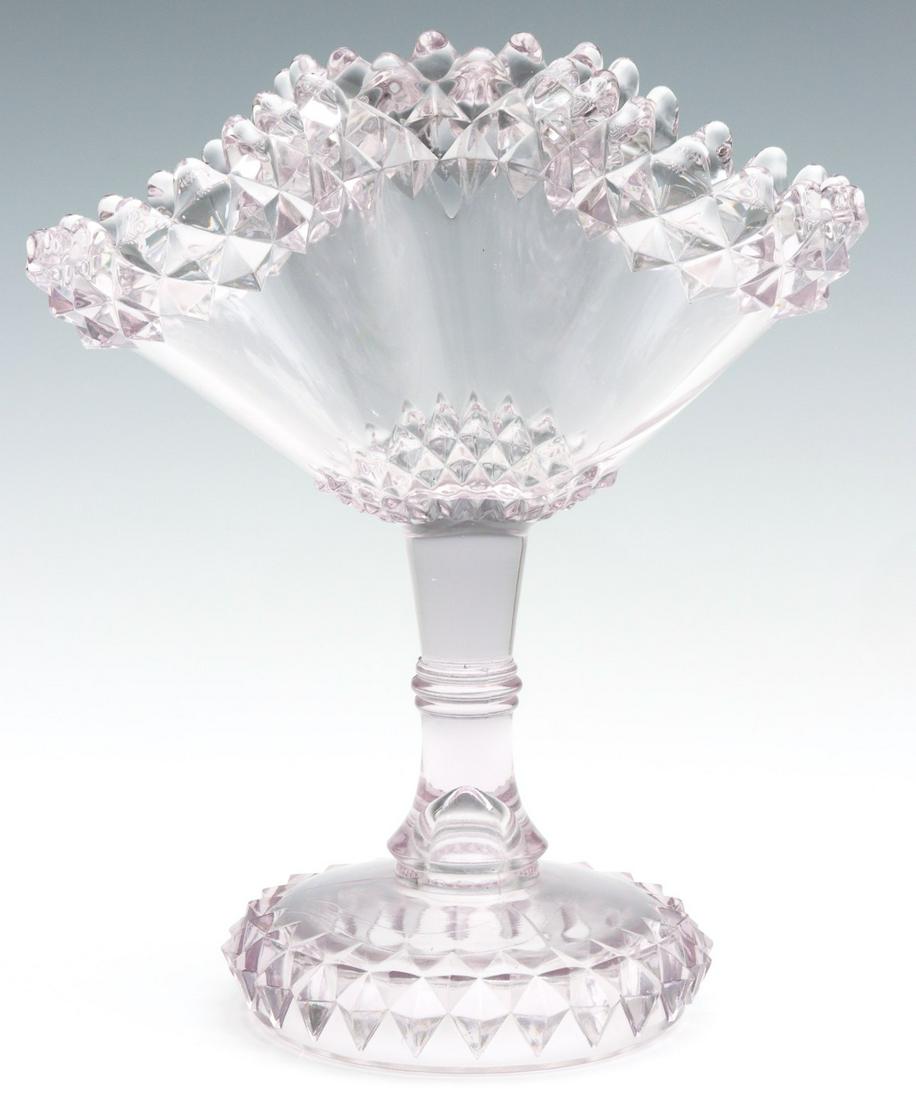 A RARE EAPG BRYCE BROS. 'AMAZON' DOUBLE BUD VASE: Circa 1890 A Bryce Brothers double bud vase, pattern 'Amazon.' clear glass with pressed diamonds and sawtooth edges, unsigned. Measures 9 x 7.5 x 4 inches. We happily provide seamless in-house packing