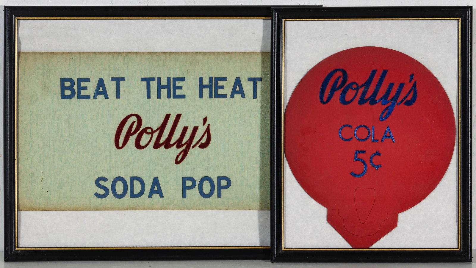TWO POLLY'S POP CARDSTOCK ADVERTISING SIGNS: The three-color letterpress sign reads 'Beat The Heat Polly's Soda Pop' impressed lettering with red and blue foil; plus a two-color letterpress on cardstock bottle topper, with pressed foil text, die