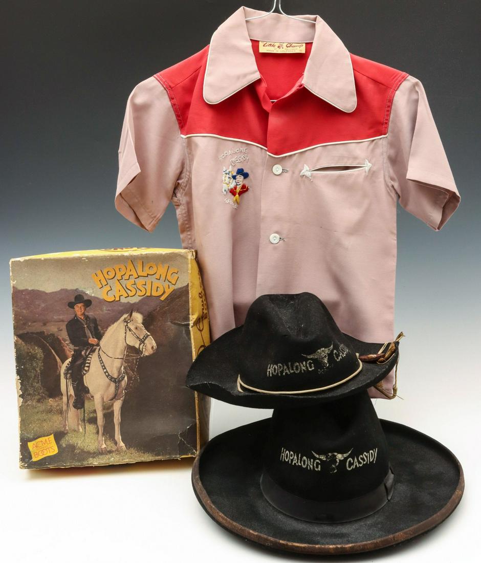 HOPALONG CASSIDY KID COWBOY BOOTS IN BOX, HATS , SHIRT: The pair of mid 20th century boy's cowboy boots with cut-outs of eagle as shown in ads with Hopalong Cassidy, plus two felt hats and a boy's vintage size 10 western shirt. Hats measure 14 x 16 and 12 