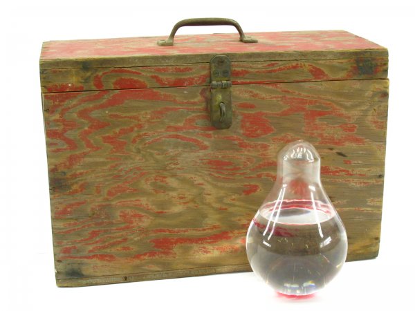PAIR OF VINTAGE FIRE EXTINGUISHER GRENADES & CASE: Two unused fire extinguisher grenades in an original box fit for three. Remnant red paint on each. Wooden box has remnant red paint, missing lid hinges. 5 1/2 x 9 x 13 inch box.