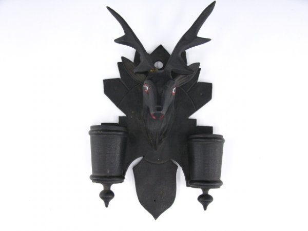 CARVED WOOD STAG HEAD WALL MOUNTED MATCH HOLDER: Holds two candles, handpainted eyes, nostrils and mouth. 6 X 7 inches