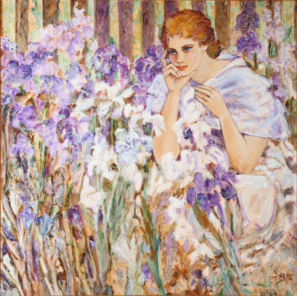 DAVID PERETZ (1906-1982) OIL ON CANVAS: David Peretz (French, 1906-1982) Given title: Woman Among Iris Mid to late 20th Century. The oil on canvas composition of woman in Classical robes among Iris, signed lower right. Canvas measures 40 x 