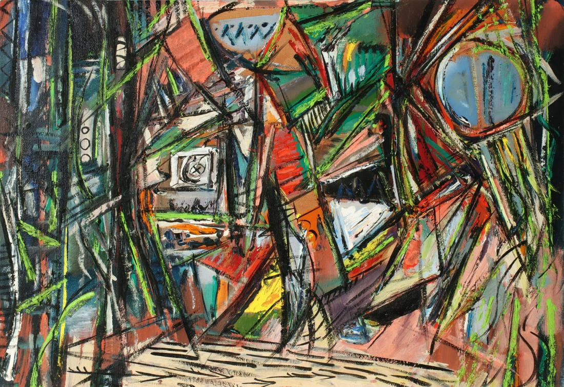 EUGENE HARWICK (1931-1981) 1960 ABSTRACT OIL ON CANVAS: Eugene 'Skip' L. Harwick (Kansas, 1931-1981) Circa 1960 Signed verso and noted as circa 1960. Fueled somewhat by the Cold War spending of the mid 20th century, Wichita, Kansas came of post-war age in