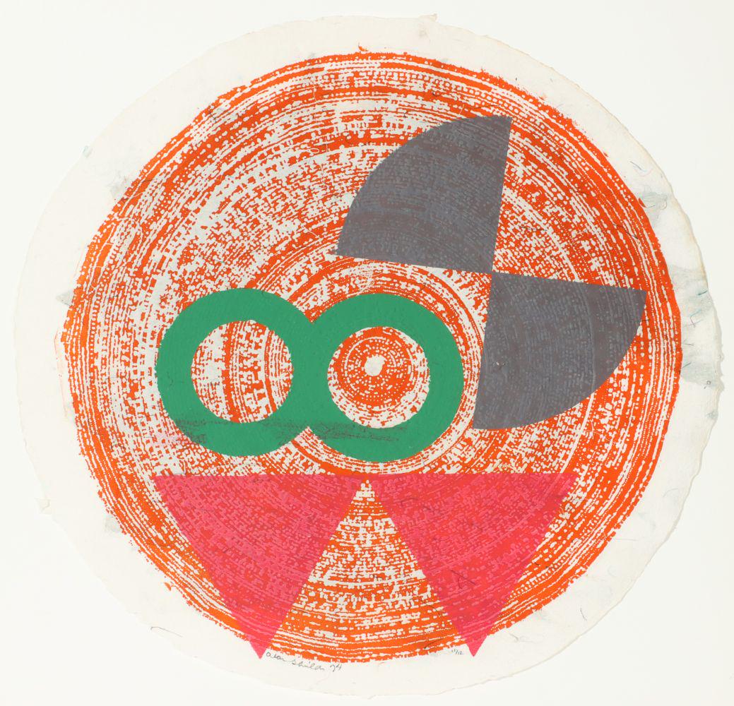ALAN SHIELDS (194-2005) PENCIL SIGNED MIXED MEDIA PRINT: Alan J. Shields (194-2005) Round-baller 1974 A mixed media print on circular format sheet of hand made paper, signed by the artist lower center and dated 74, edition 1/12 lower right, titled by the ga