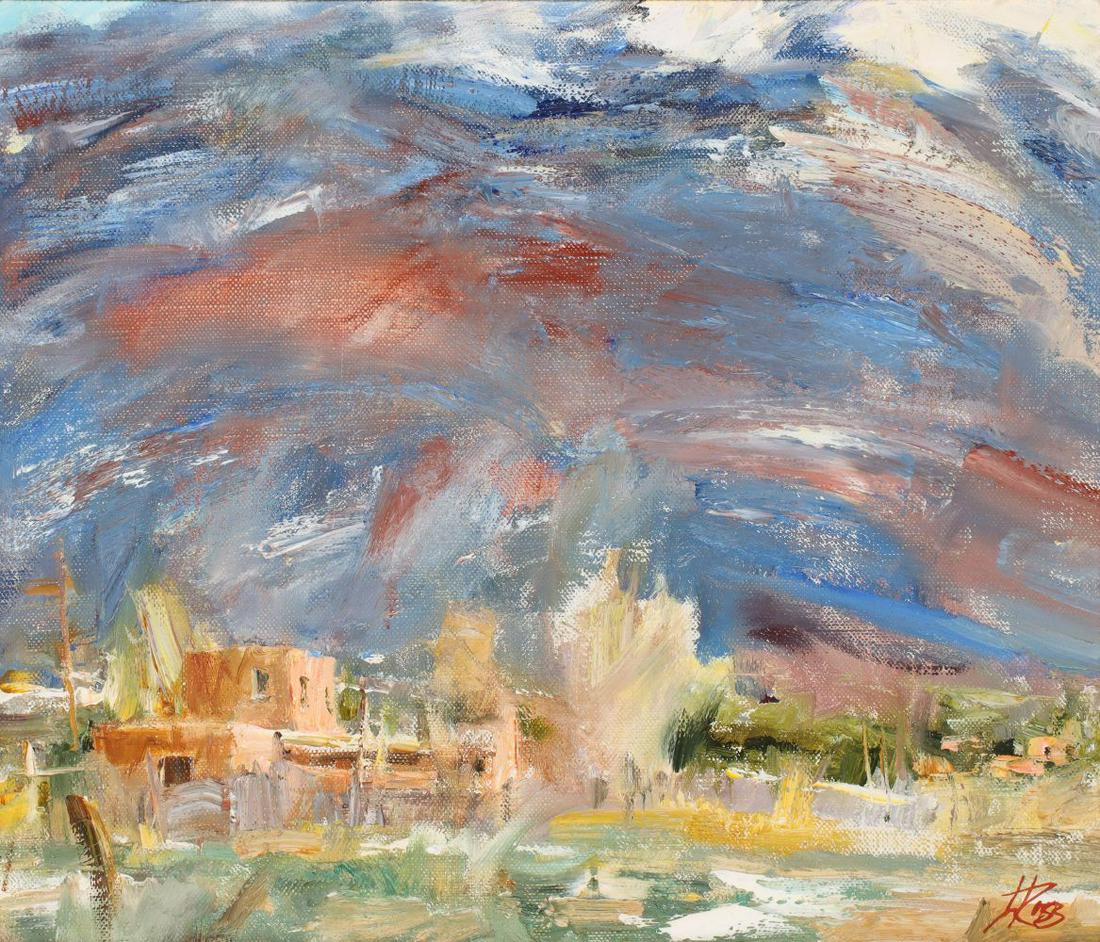 LAURA ROBB (BORN 1955) OIL ON CANVAS: Laura Robb (Born 1955) Pueblo Land The view of an adobe structure before rising hills signed lower right and titled verso upon the Nedra Matteucci gallery label. Canvas measures 12 x 14, frame is 18.5