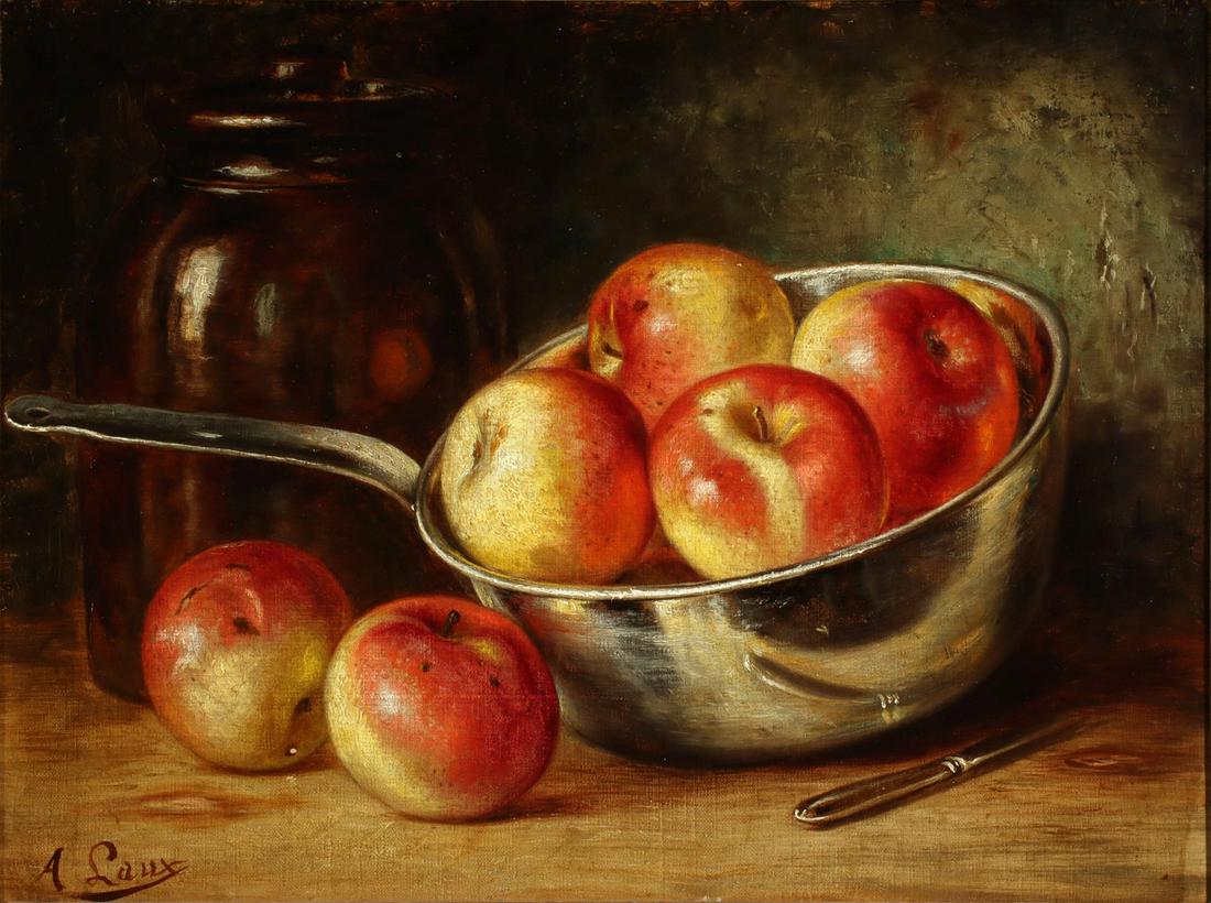AUGUST LAUX (1853-1921) OIL ON CANVAS STILL LIFE: August Laux (1853-1921) Untitled Still Life with Apples Late 19th Century. The oil on canvas in period frame, probably the original, displaying an oil on canvas composition signed lower left. Canvas m