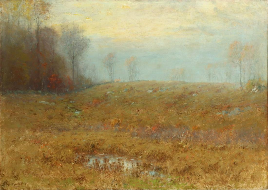 JOSEPH H. GREENWOOD (1957-1927) OIL ON CANVAS: Joseph H. Greenwood (1857-1927) Autumn Twilight - Shrewsbury 1920 The work titled Autumn Twilight Shrewsbury signed lower eft. Shrewsbury is a town in Worcester County, Massachusetts, dated '20, title