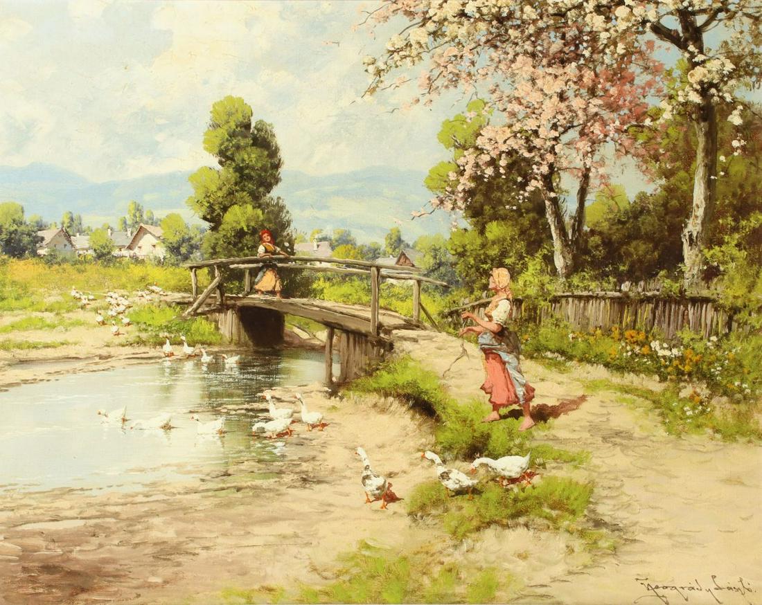 LASZLO NEOGRADY (1896-1962) OIL ON CANVAS: Laszlo Neogrady (1896-1962) Untitled Genre Scene Tending Geese Mid 20th Century. The bright sunlit genre scene with flowering trees signed lower right, nicely presented in the original frame. Canvas m