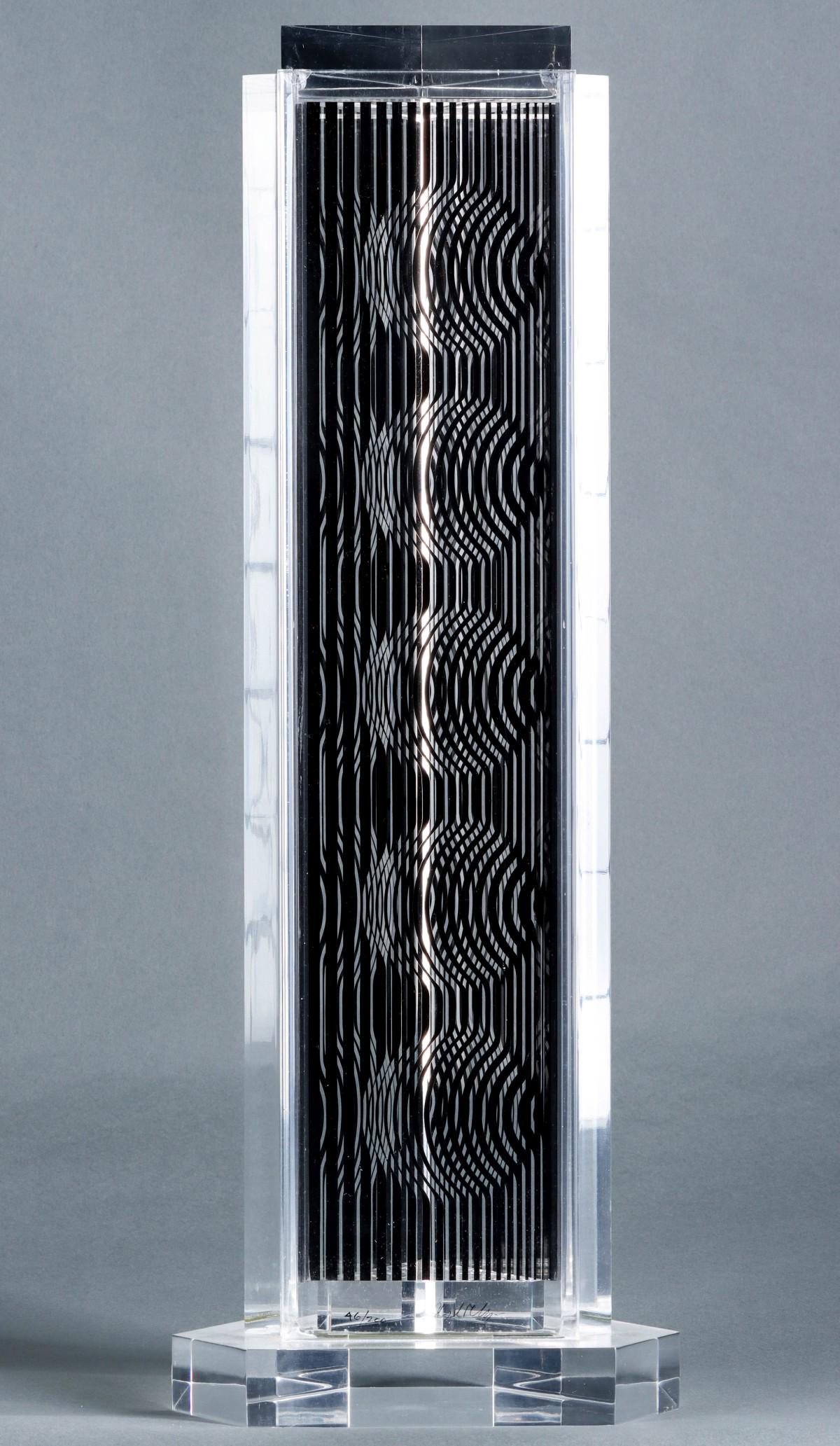 VICTOR VASARELY (1906-1997) OP ART ACRYLIC SCULPTURE: Victor Vasarely (1906-1997) Holld 1988 The Perspex tower with silk screen design in black, signed by the artist near the base and numbered 46/200. Measures 26.5 x 10 x 9 inches. We happily provide sea