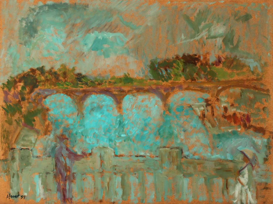 R. JAMES HUNT (1921-1993) OIL ON MASONITE DATED 1959: R. James Hunt (1921-1993) Seine Bridge 1958 The oil on Masonite signed lower left and dated 59, titled verso and dated 1958. Hunt was born in North Dakota but has a connection to the state of Kansas.