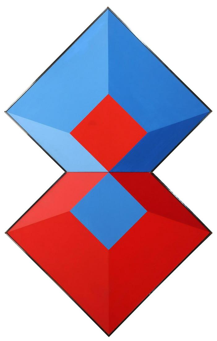 ATTR WALTER HATKE (BORN 1948) ABSTRACT OIL ON CANVAS: Walter Hatke (Born 1948) A pair of five-sided canvases on wood stretchers hinged in the center, blue and red abstract design, unsigned. The artist's comments on this painting, "I painted the ptg. in q