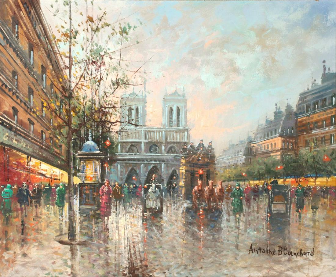 ANTOINE BLANCHARD (c.1910-1988) OIL ON CANVAS: Antoine Blanchard (C.1910-1988) Mid to late 20th Century. The view of Paris - Apres La Pluie, Paris After The Rain signed lower right. Canvas measures 20 x 24, frame is 26 x 30 inches. We happily prov