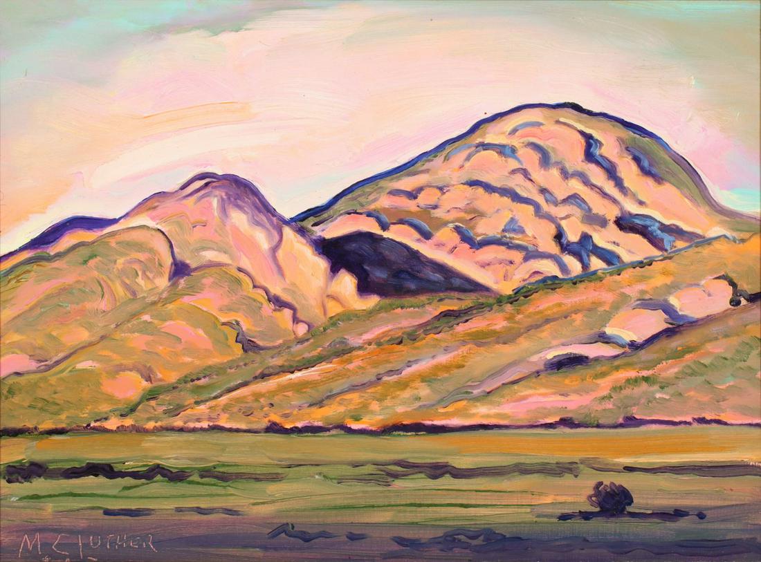 M C LUTHER (20TH/21ST C.) TAOS SCENE OIL ON MASONITE: M C Luther (New Mexico, 20th/21st Century) Sangre de Cristo Sunset at Taos (Work #0405) Signed lower left, titled and signed verso. Masonite measures 9 x 12, the frame is 16.5 x 19.5 inches. We happil