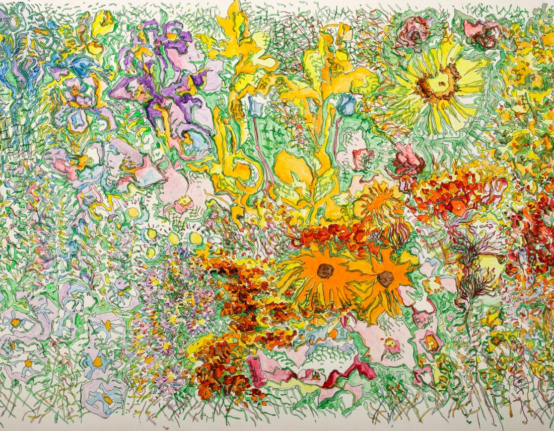 COLETTE BANGERT (B. 1934) PAINTED MURAL PANEL: Colette Bangert (Born 1934) Grass Land Garden 1968 Oil on a Masonite panel, one of six mural panels commissioned by the Topeka and Shawnee County Public Library. Measures 48 x 53.5 x 1 inches. Provena