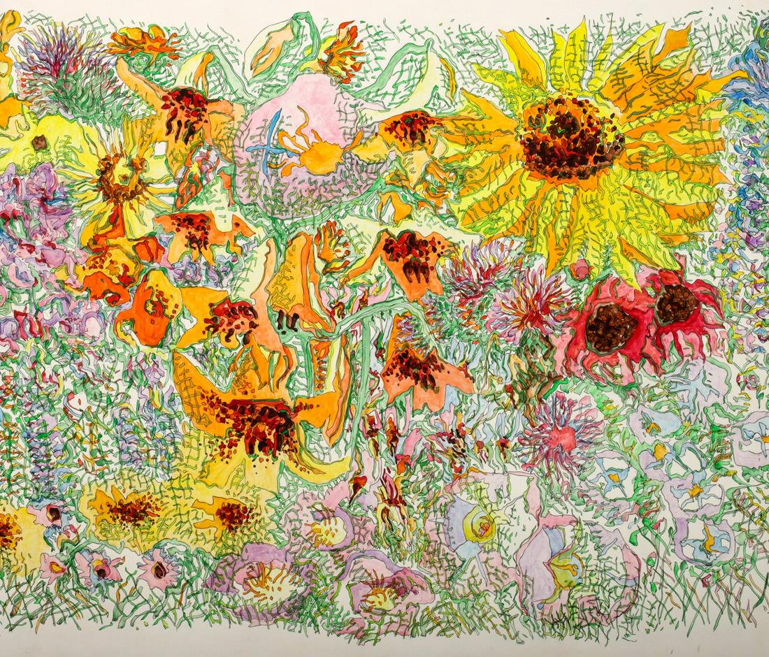 COLETTE BANGERT (B. 1934) PAINTED MURAL PANEL: Colette Bangert (Born 1934) Grass Land Garden 1968 Oil on a Masonite panel, one of six mural panels commissioned by the Topeka and Shawnee County Public Library. Measures 48 x 53.5 x 1 inches. Provena