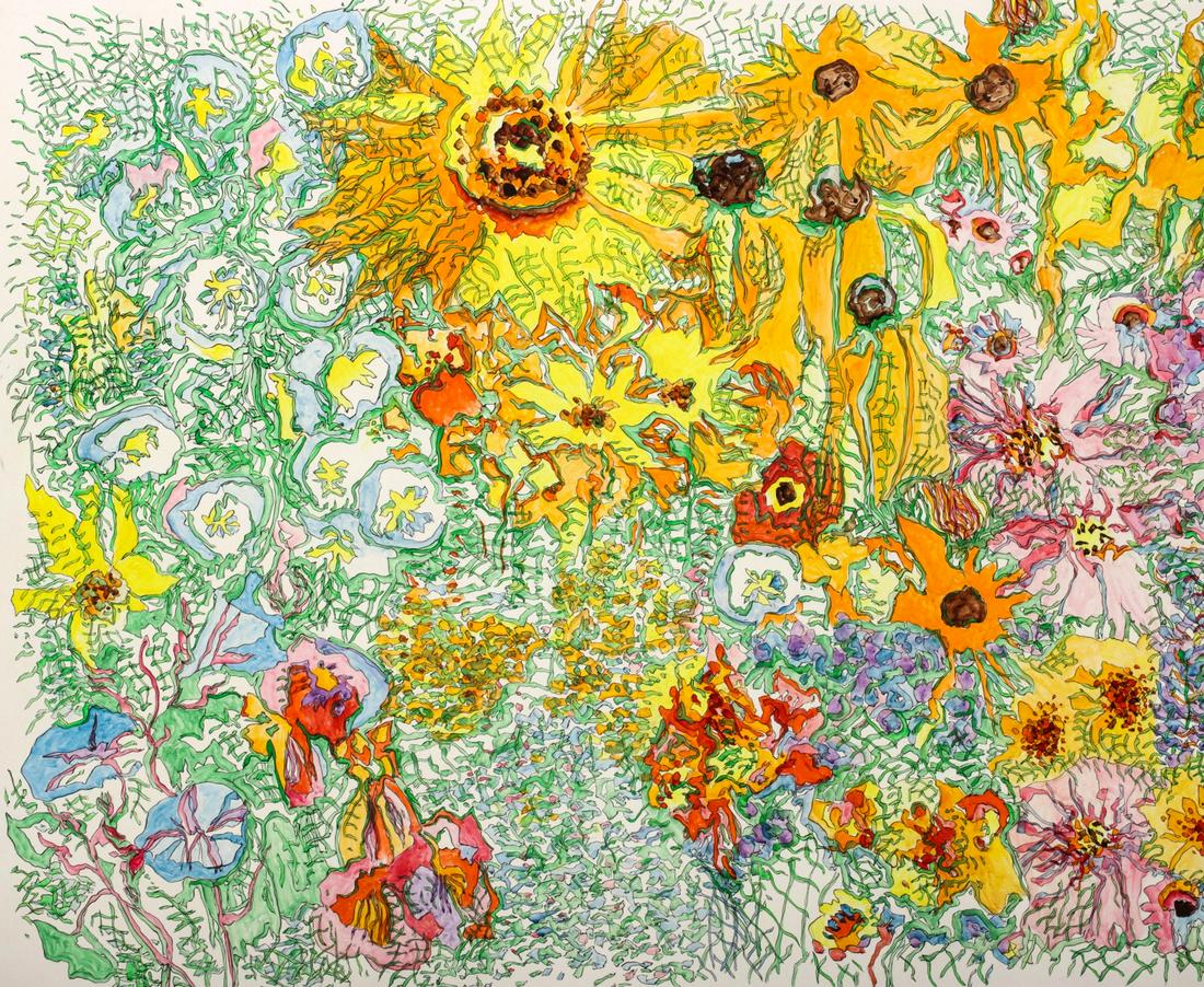 COLETTE BANGERT (B. 1934) PAINTED MURAL PANEL: Colette Bangert (Born 1934) Grass Land Garden 1968 Oil on a Masonite panel, one of six mural panels commissioned by the Topeka and Shawnee County Public Library. Measures 48 x 53.5 x 1 inches. Provena