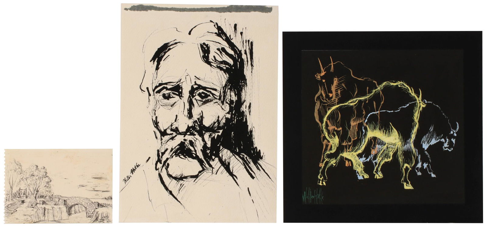 WALTER HATKE (BORN 1948) WORKS ON PAPER: Walter Hatke (Born 1948) Three original works on paper. Measure from 4 x 5.75 to 12 x 9 inches. Provenance: The Topeka and Shawnee County Public Library We happily provide seamless in-house packing an